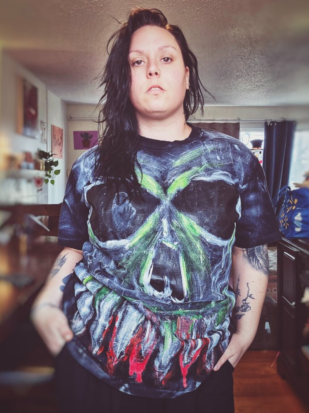 Custom Hand-painted Skull Graphic Men's Black T-shirt